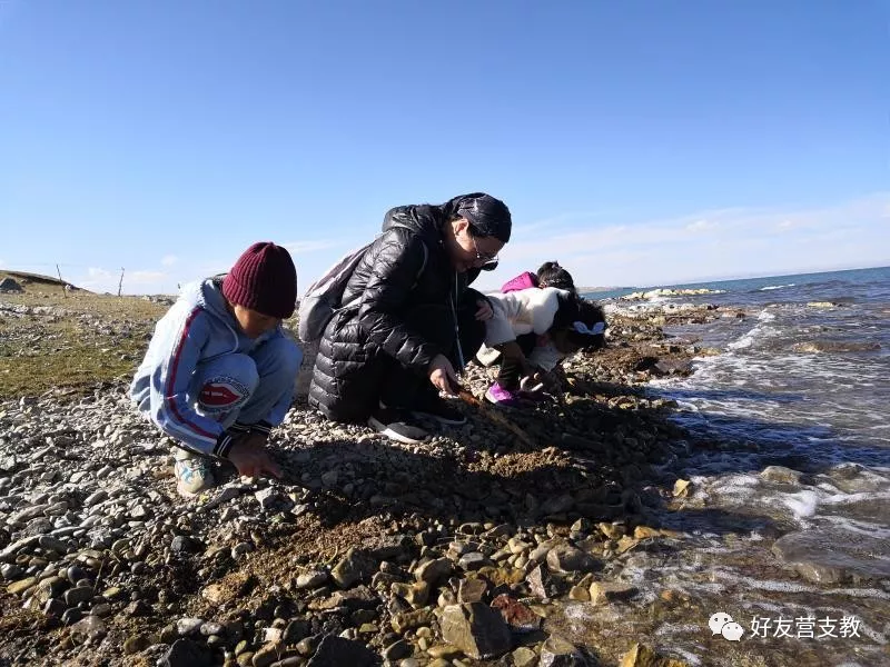 青海湖岸边捡石子,进行扔石子比赛